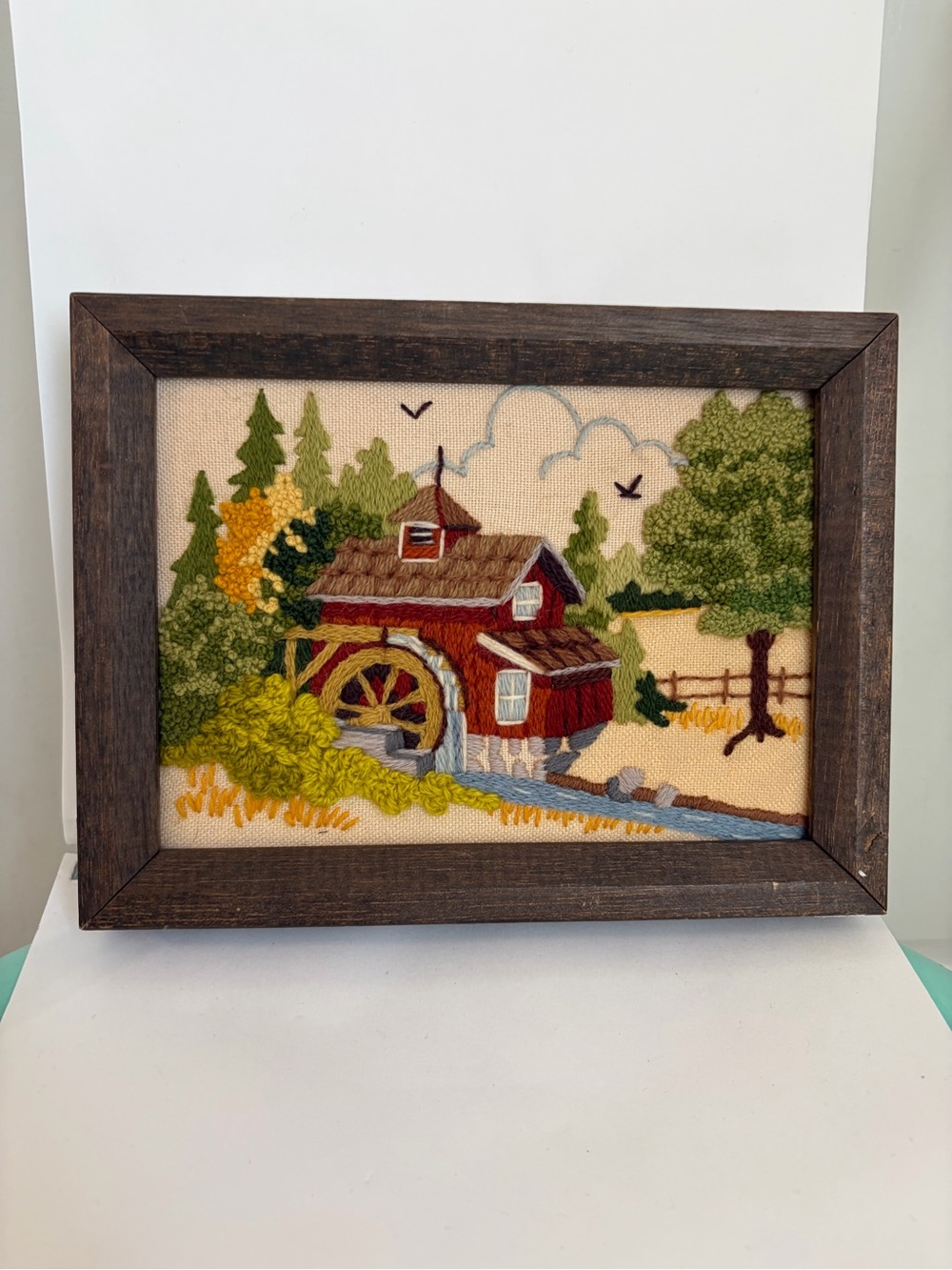 Vintage 1970s Sunset Designs Crewel Red Water Mill Farmhouse-Finished & Framed